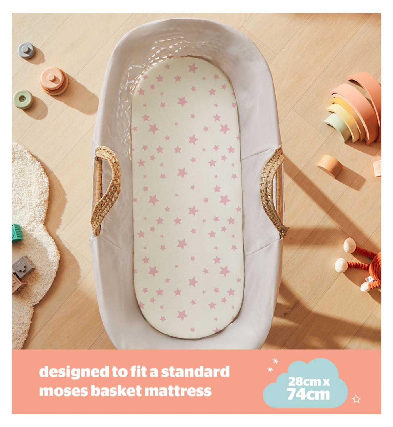 Silentnight sheets Moses basket pink pink star white, imported from the UK