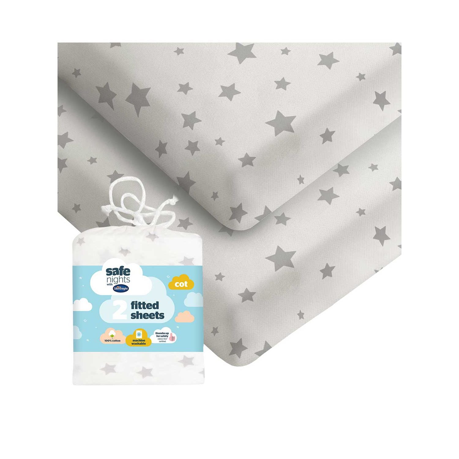 Silentnight cot fitted sheet grey star 2 pack, UK version