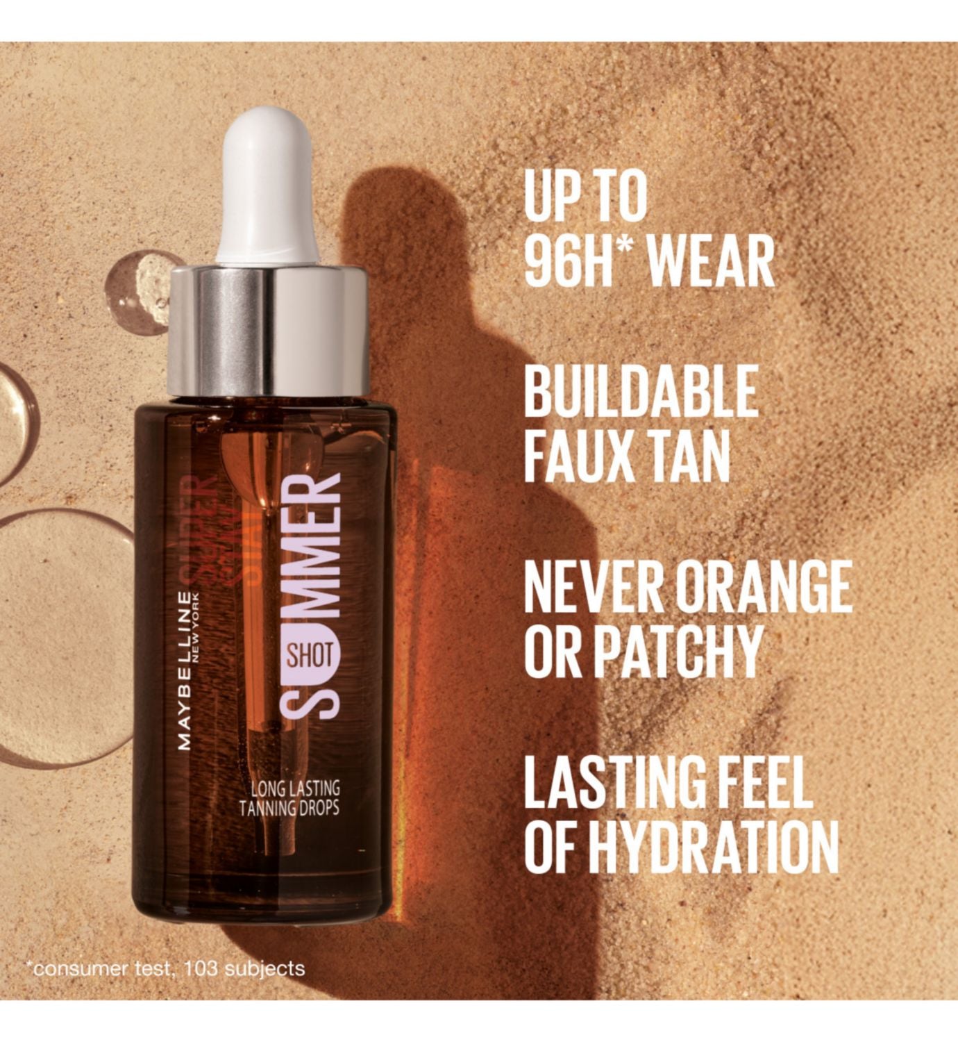 Maybelline New York Summer Shot self-tanning bronzing drops, imported from the UK