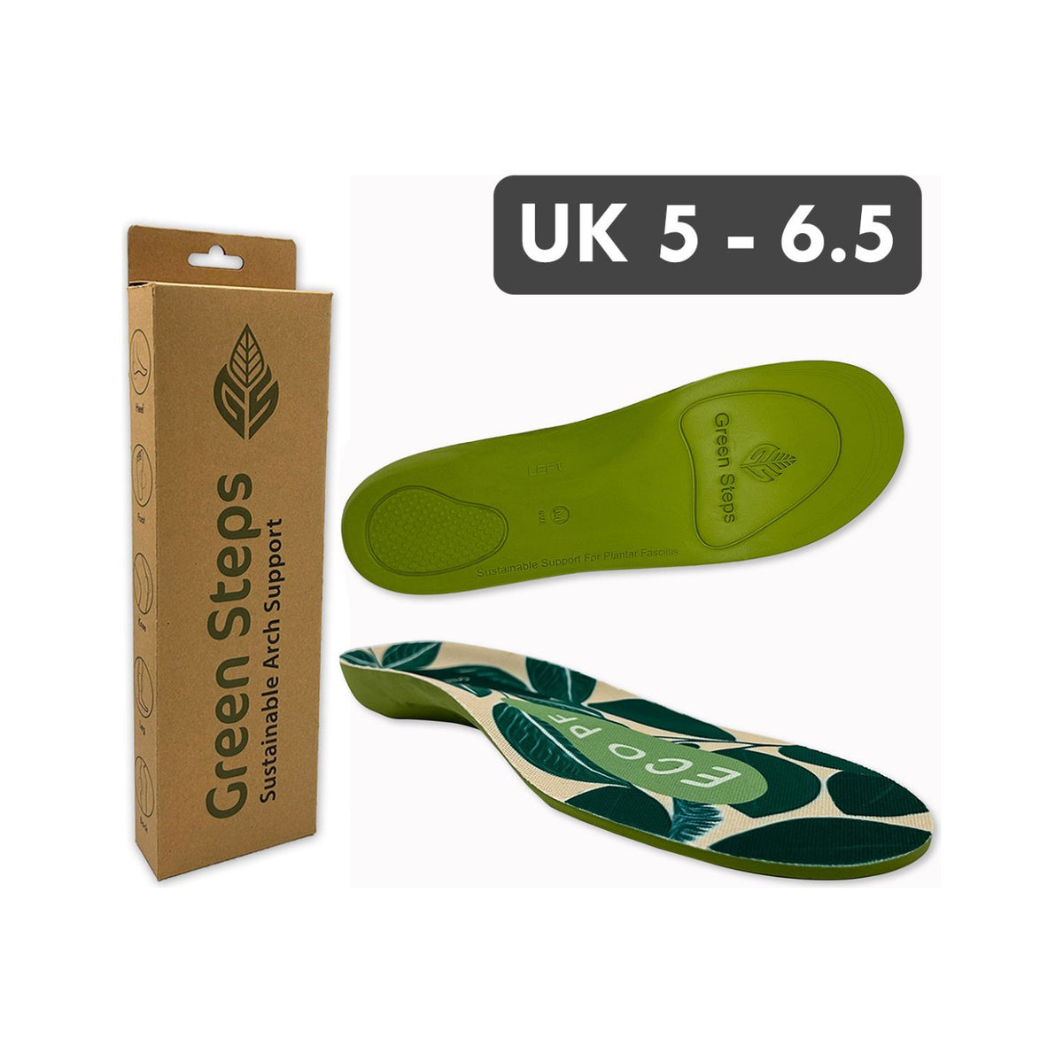 FootActive Green Steps plant-based orthotic insoles size 5-6.5 - British product