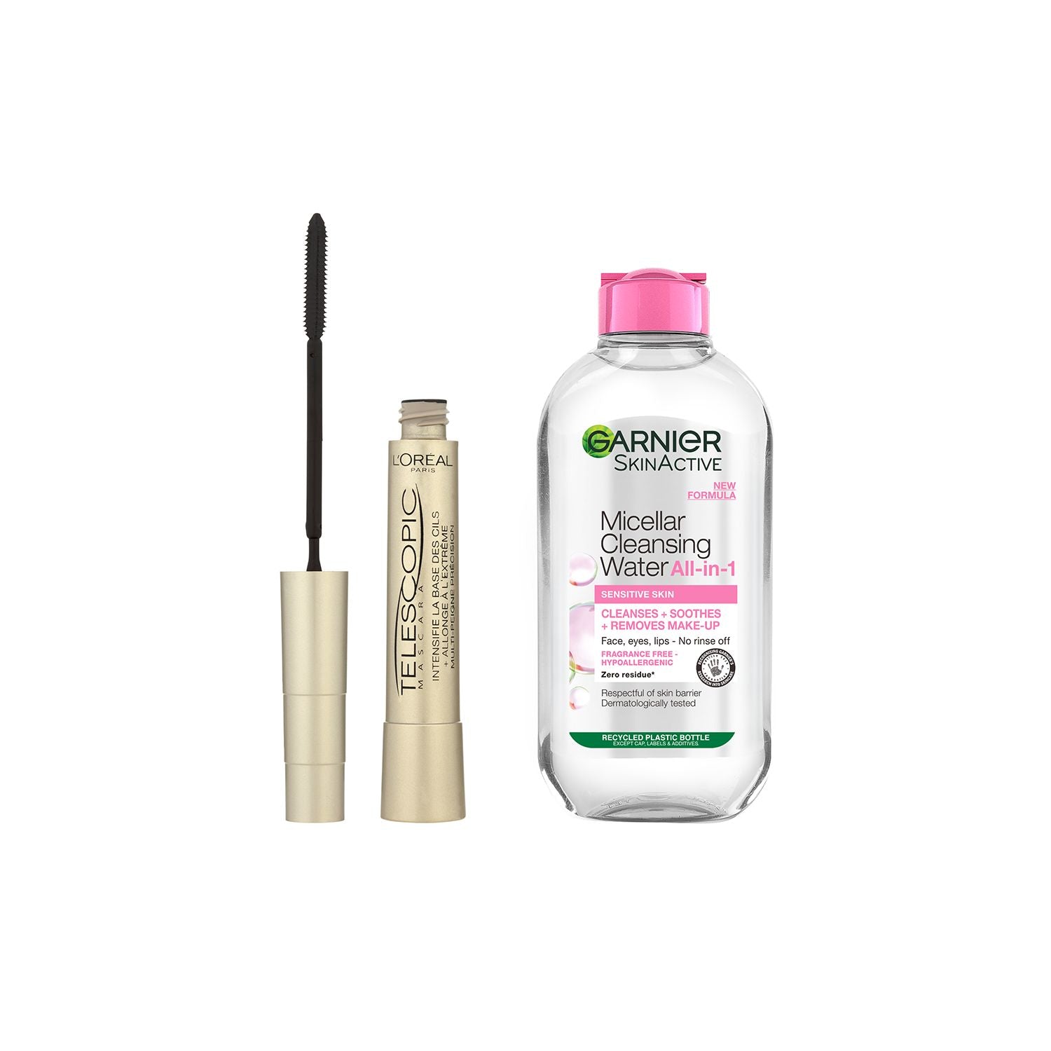 L'Oreal Telescopic mascara 8ml Garnier Micellar Water 200ml duo bundle - British product