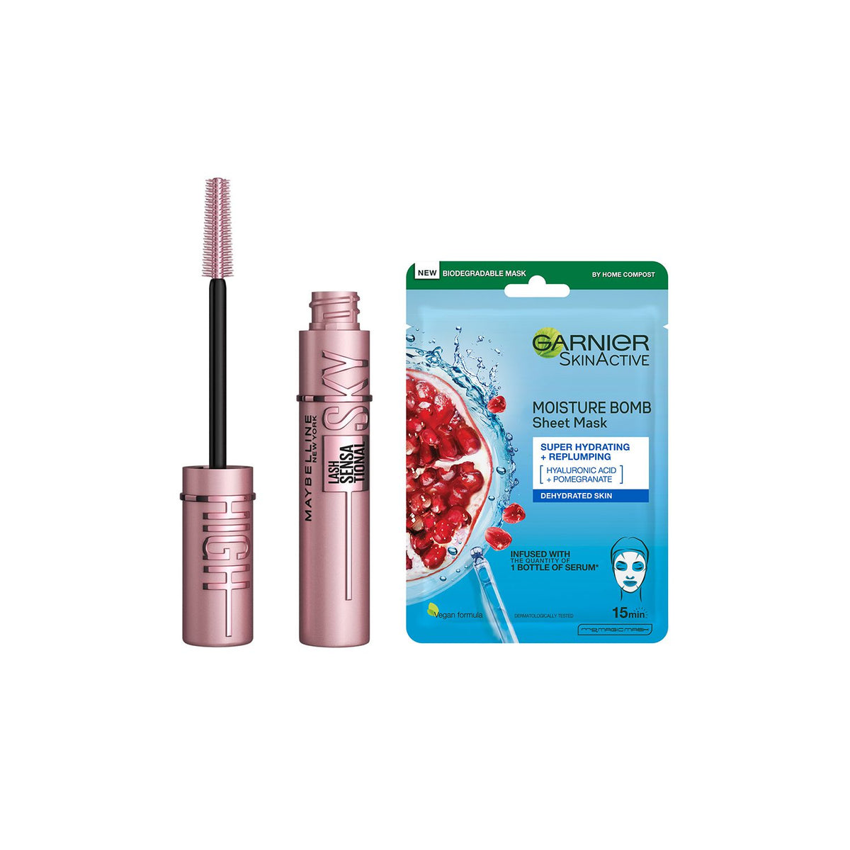 Maybelline Lash Sensational mascara and Garnier sheet mask bundle - British product