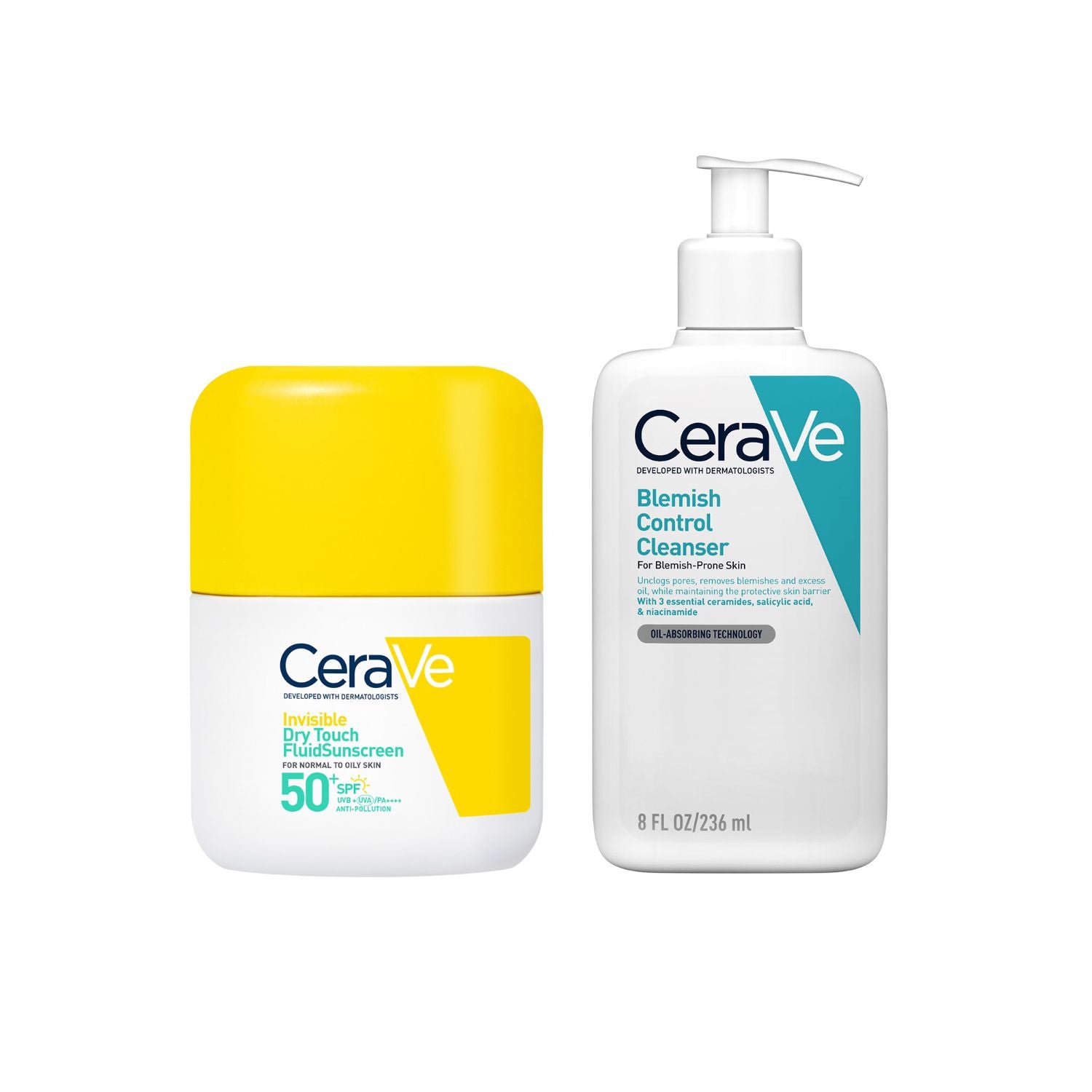 CeraVe blemish control cleanser and SPF 50 fluid bundle (British brand)