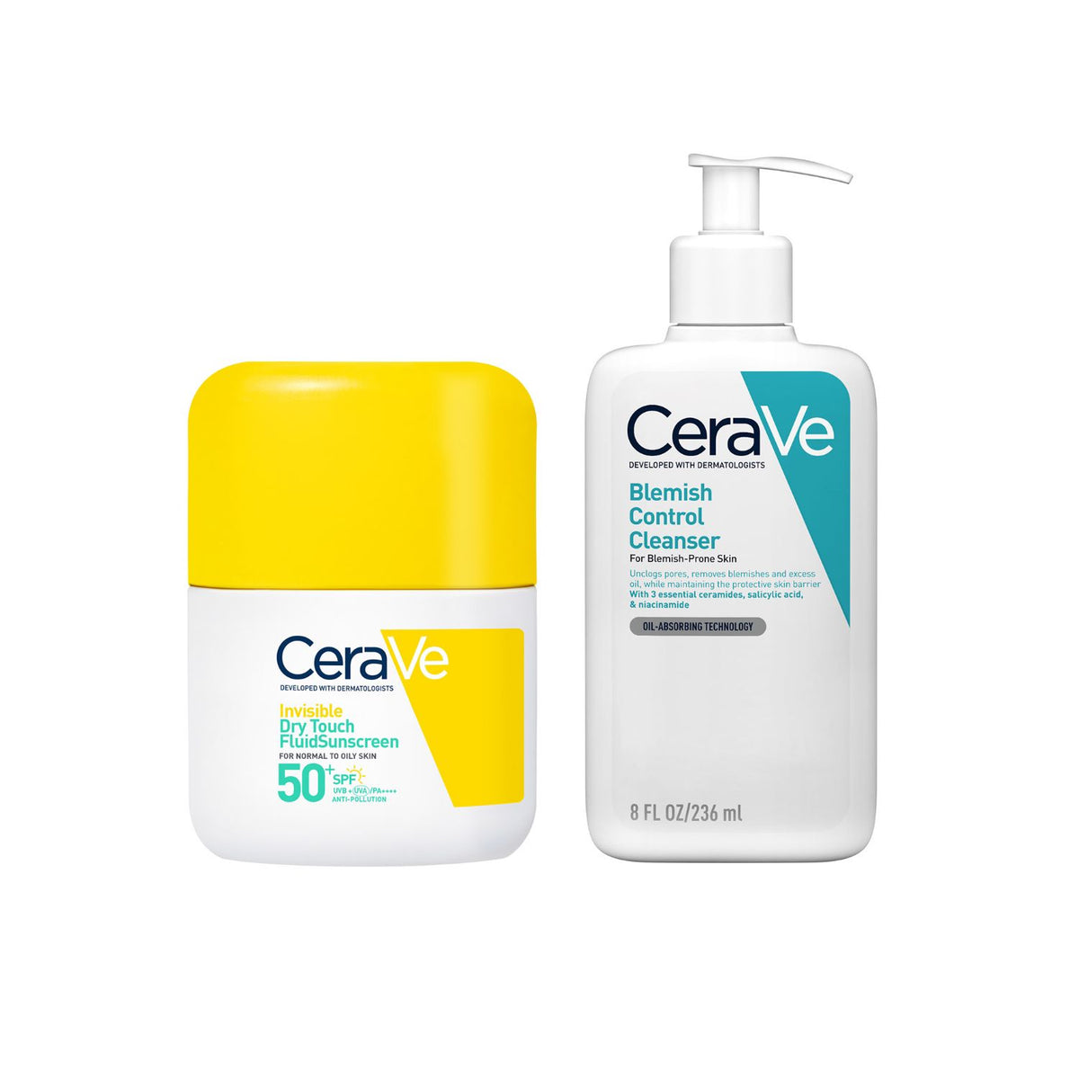 CeraVe blemish control cleanser and SPF 50 fluid bundle (British brand)