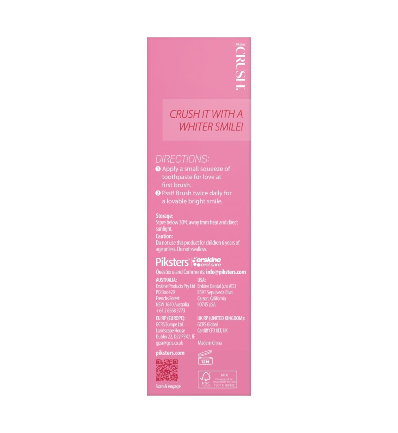 Piksters CRUSH watermelon mint toothpaste 96g, imported from the UK