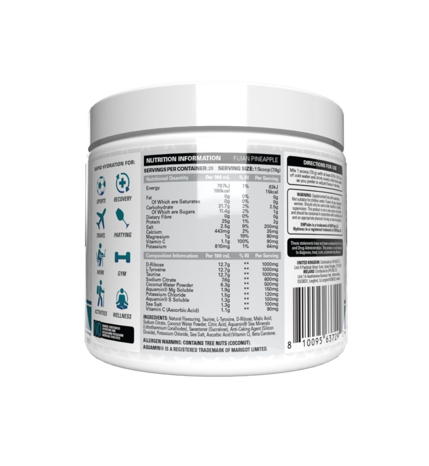 EHPlabs hydration electrolyte powder Fijian Pineapple 158g (British brand)