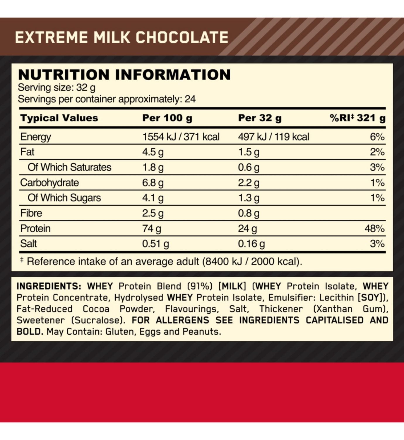 Optimum Nutrition whey protein extreme milk chocolate 768g, UK version