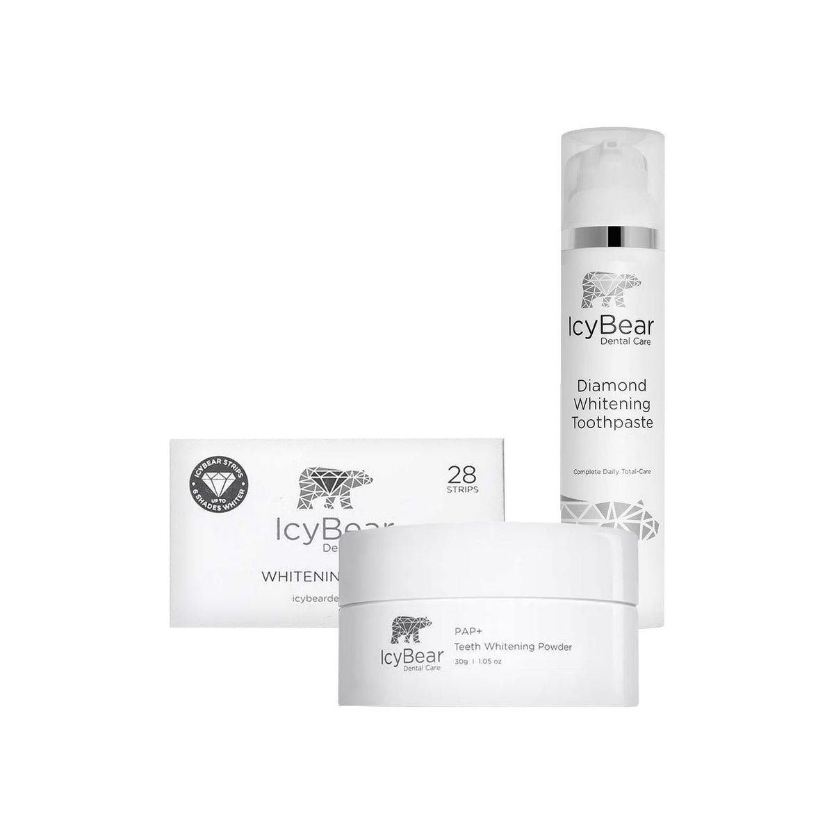 Icy Bear whitening bundle containing strips, toothpaste, powder - British product