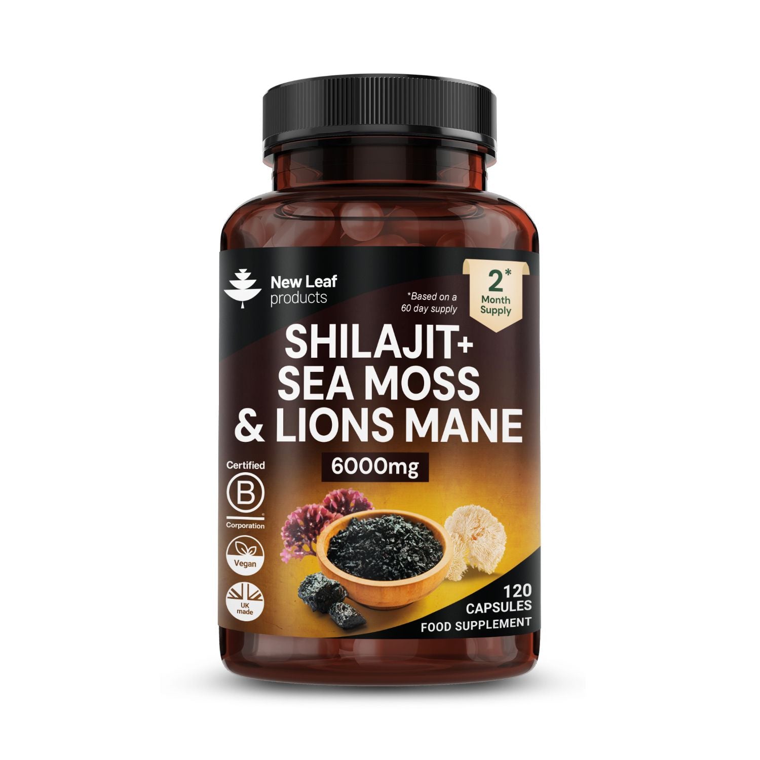 New Leaf Shilajit Sea Moss Lions Mane capsules 120, UK version