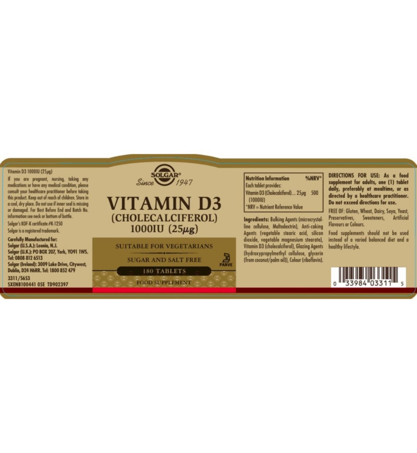 Solgar Vitamin D3 supplement 1000IU 180 tablets - British product