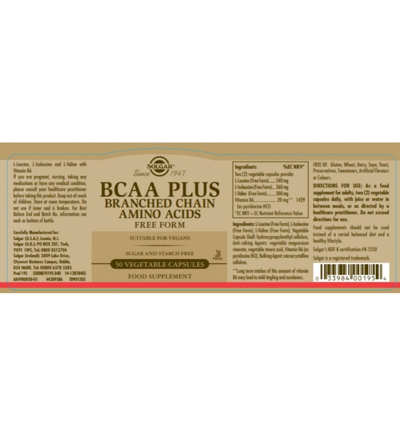 Solgar BCAA Plus supplement 50 capsules (British brand)