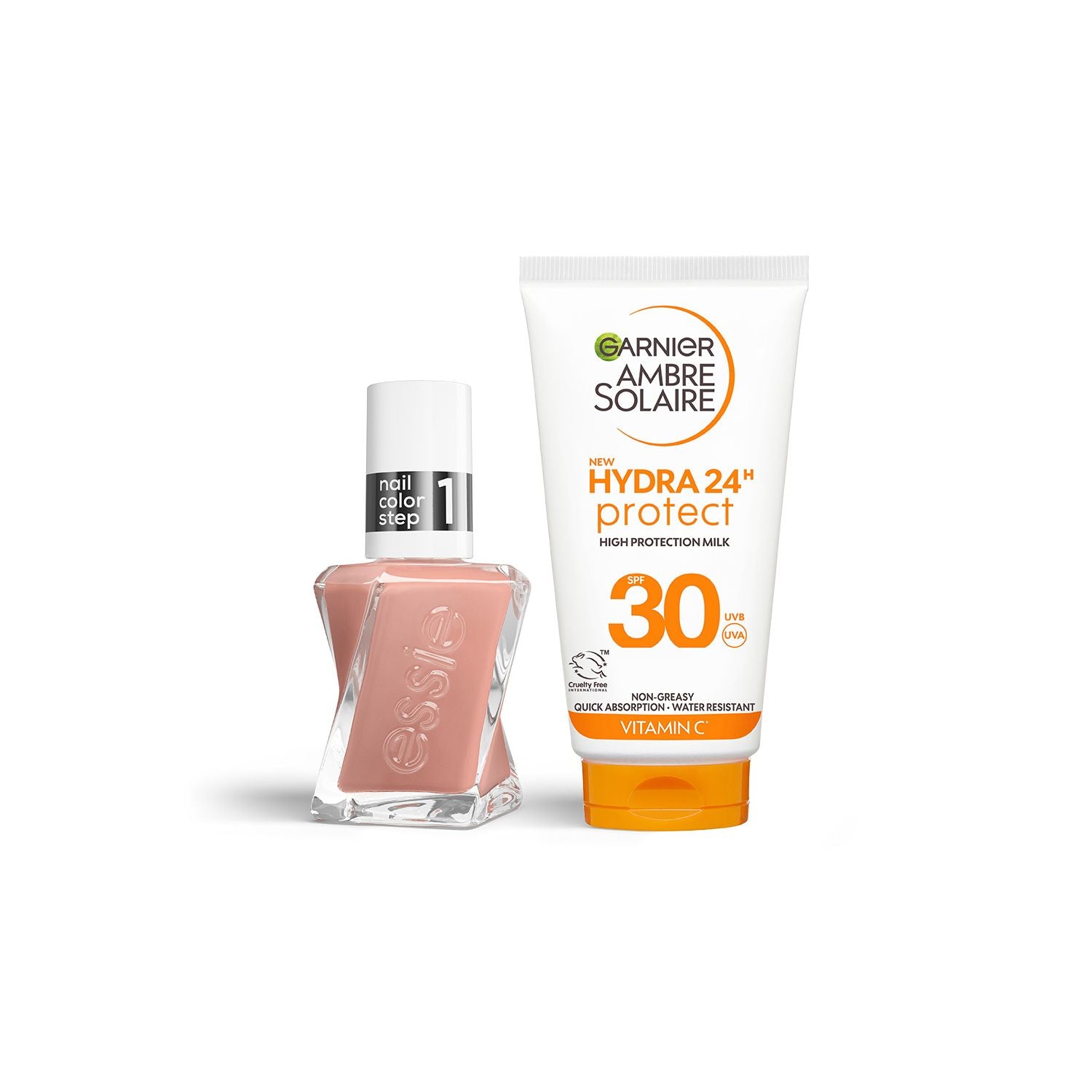 Essie Gel Couture nail polish and Garnier Ambre Solaire SPF30 sun cream mini - British product