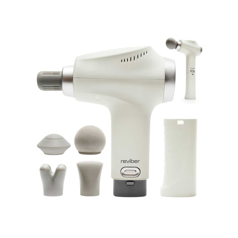 Reviber percussion massage gun with long reach handle, imported from the UK
