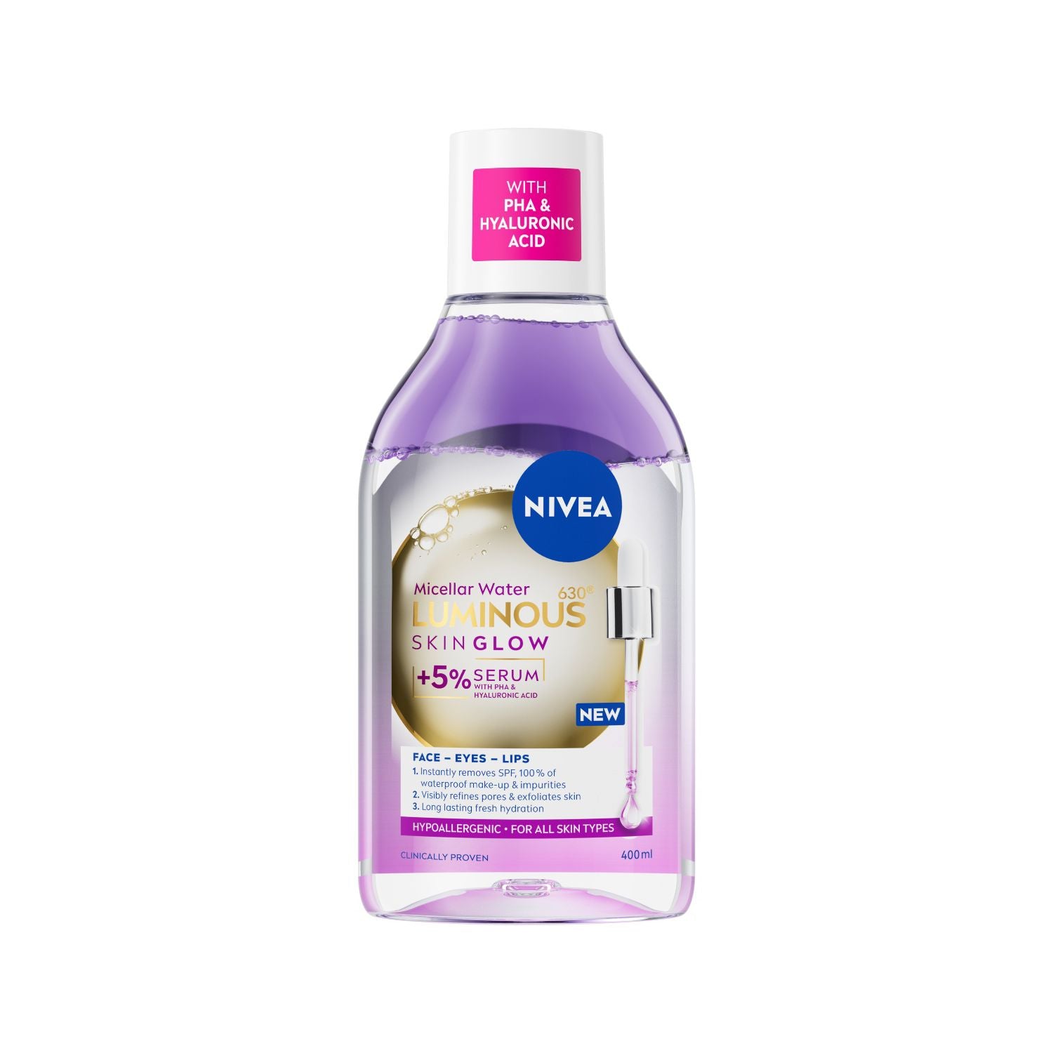NIVEA Luminous630 serum-infused micellar water 400ml, imported from the UK