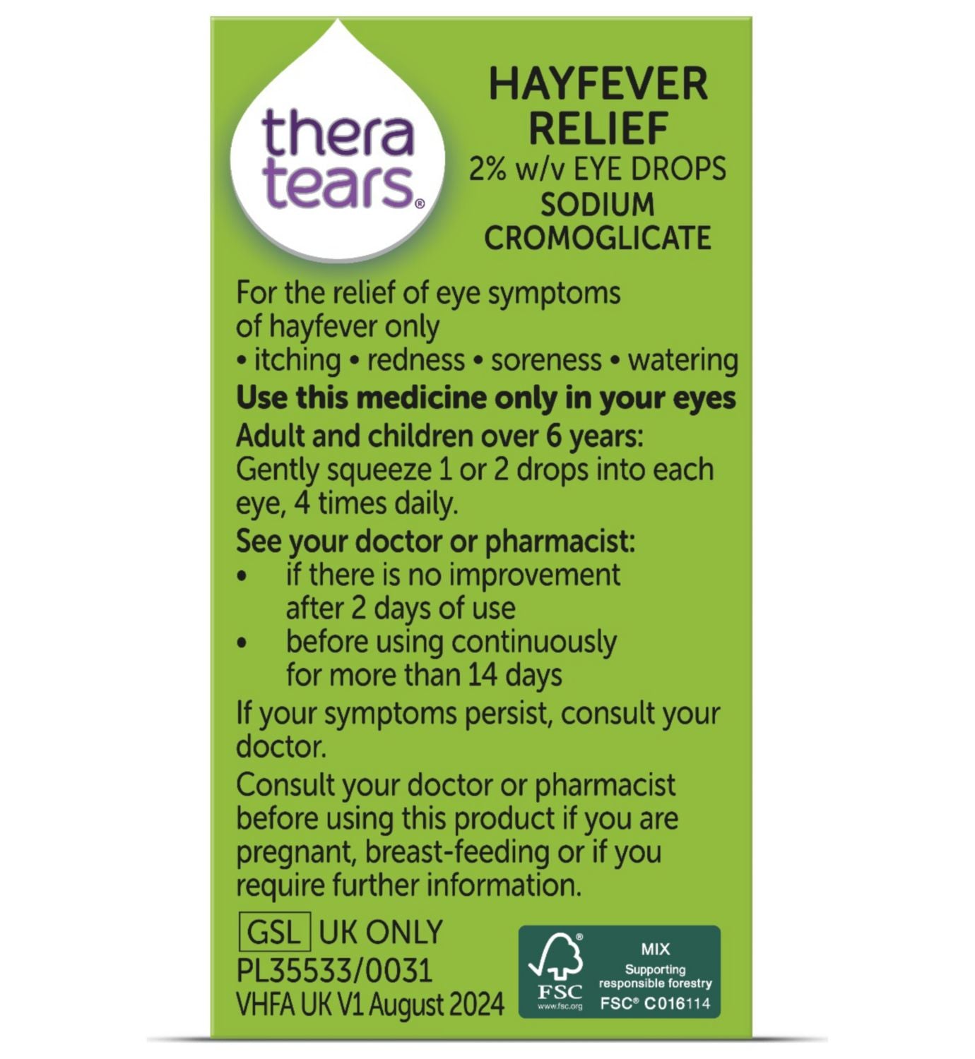 TheraTears hayfever relief eye drops 10ml - British product