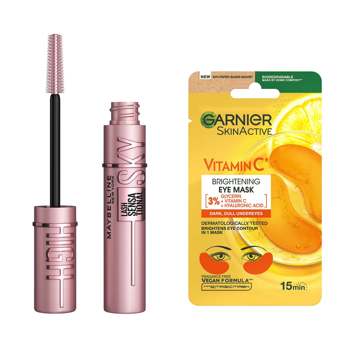 Maybelline Sky High mascara and Garnier eye mask bundle (British brand)