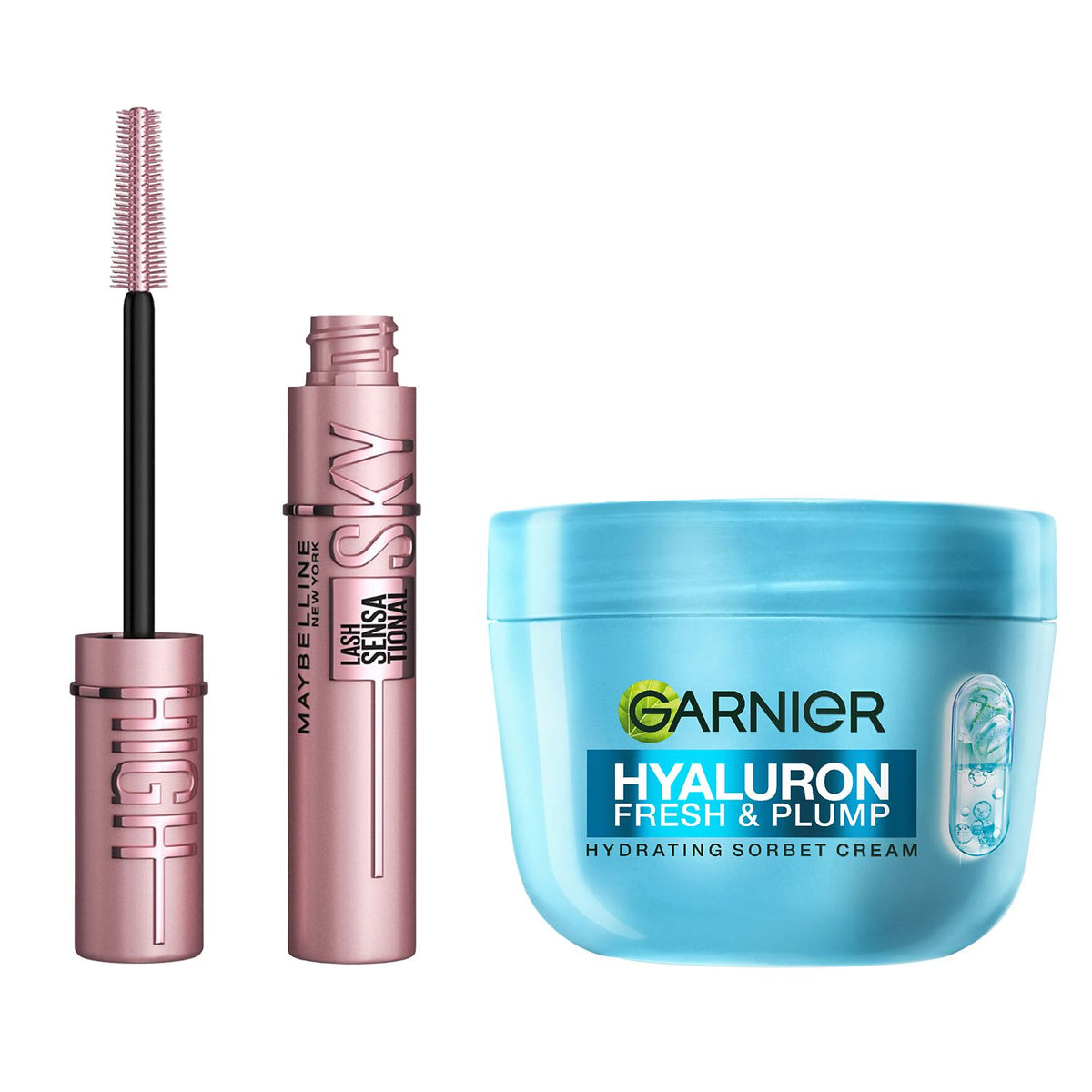 Maybelline Sky High mascara and Garnier Hyaluronic cream set (British brand)