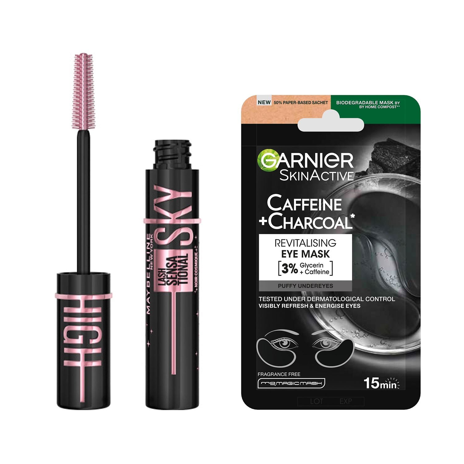 Maybelline mascara and Garnier eye mask bundle, UK version