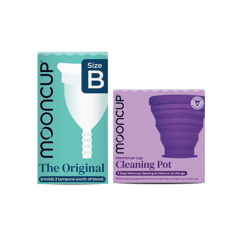 Mooncup Size B menstrual cup bundle with cleaning pot, UK version