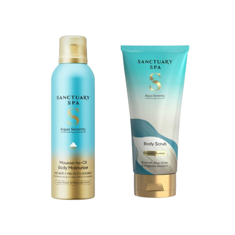 Sanctuary Spa Aqua Serenity body scrub and mousse, imported from the UK