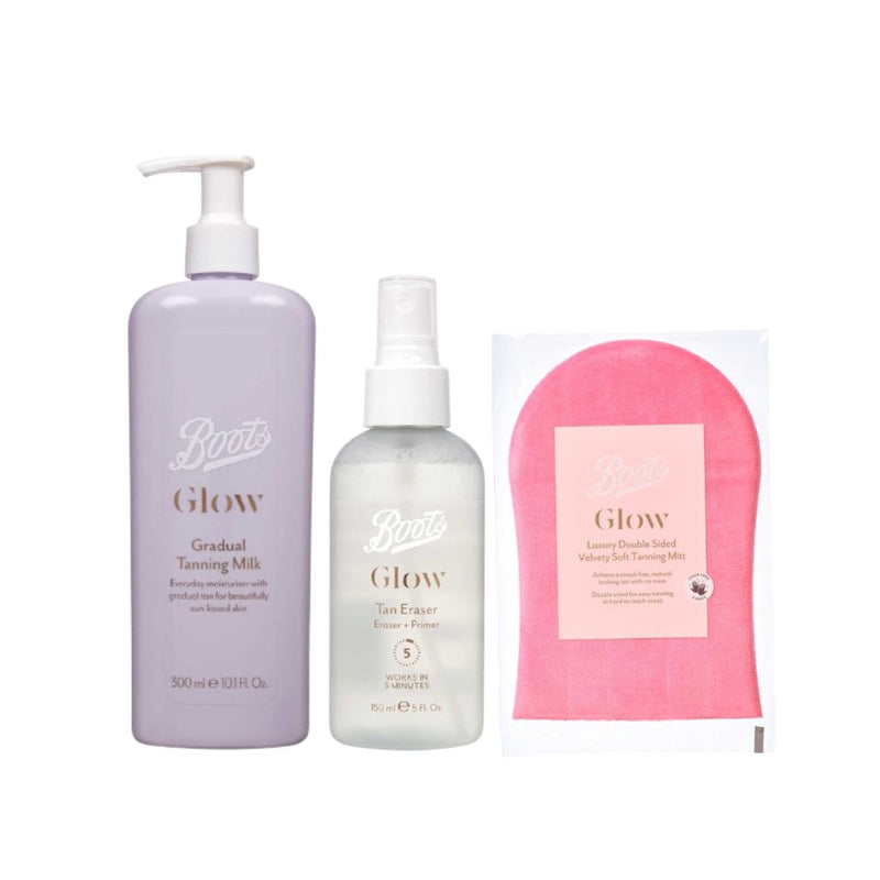 Boots Glow self tanning bundle with mitt and eraser, imported from the UK