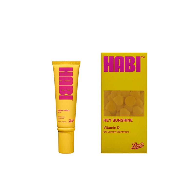 HABI sunny shielded duo SPF40 sunscreen 50ml and vitamin D gummies 60s - British product