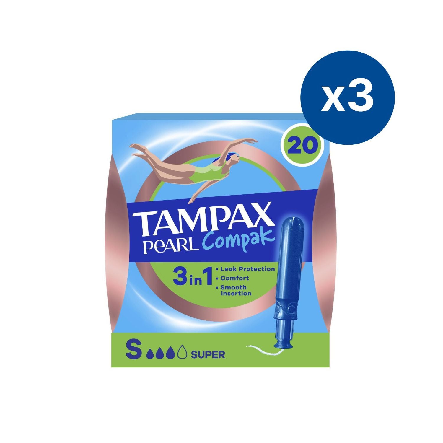 Tampax Pearl Compak Super tampons three-pack (British brand)