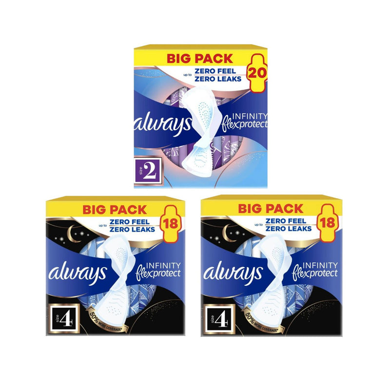 Always Infinity FlexProtect sanitary towels bundle size 2 and 4 (British brand)