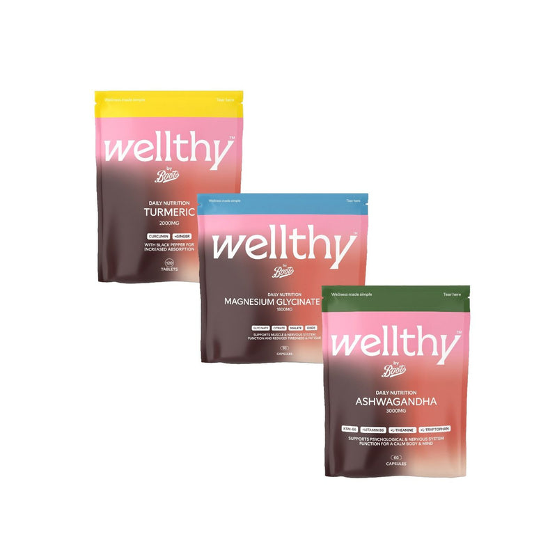 Wellthy Boots bedtime bundle with magnesium ashwagandha turmeric (British brand)
