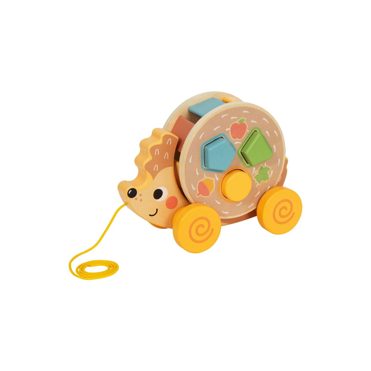 Tooky Toy wooden pull along hedgehog with shape blocks - British product