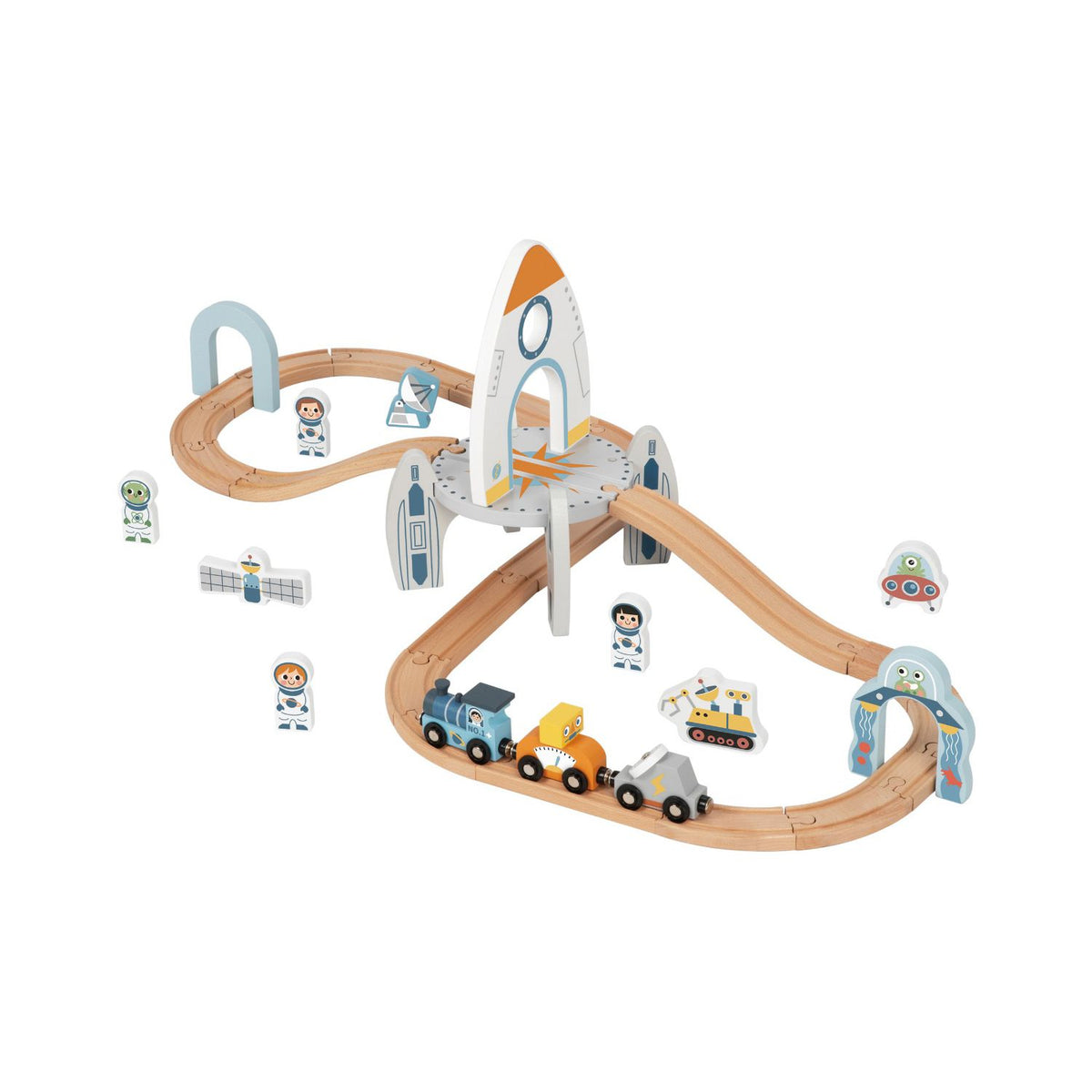 Tooky Toy wooden space station train set - British product