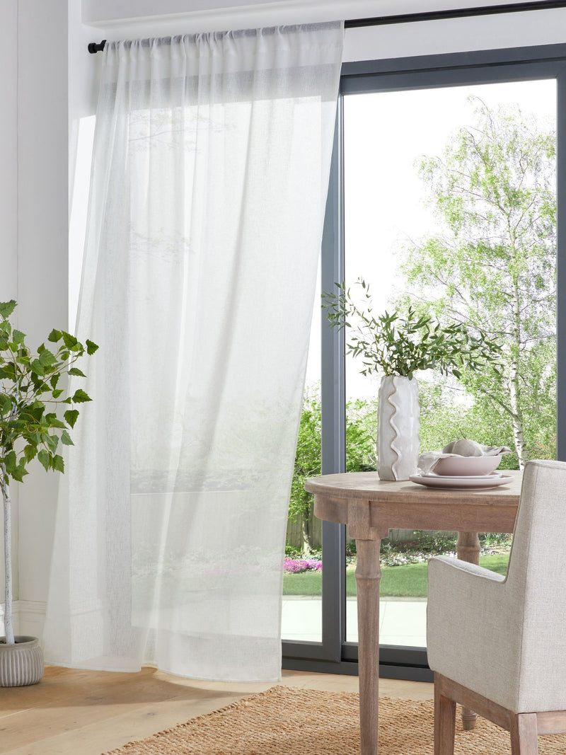 White Linen Look Slot Top Voile Unlined Sheer Panel Curtain