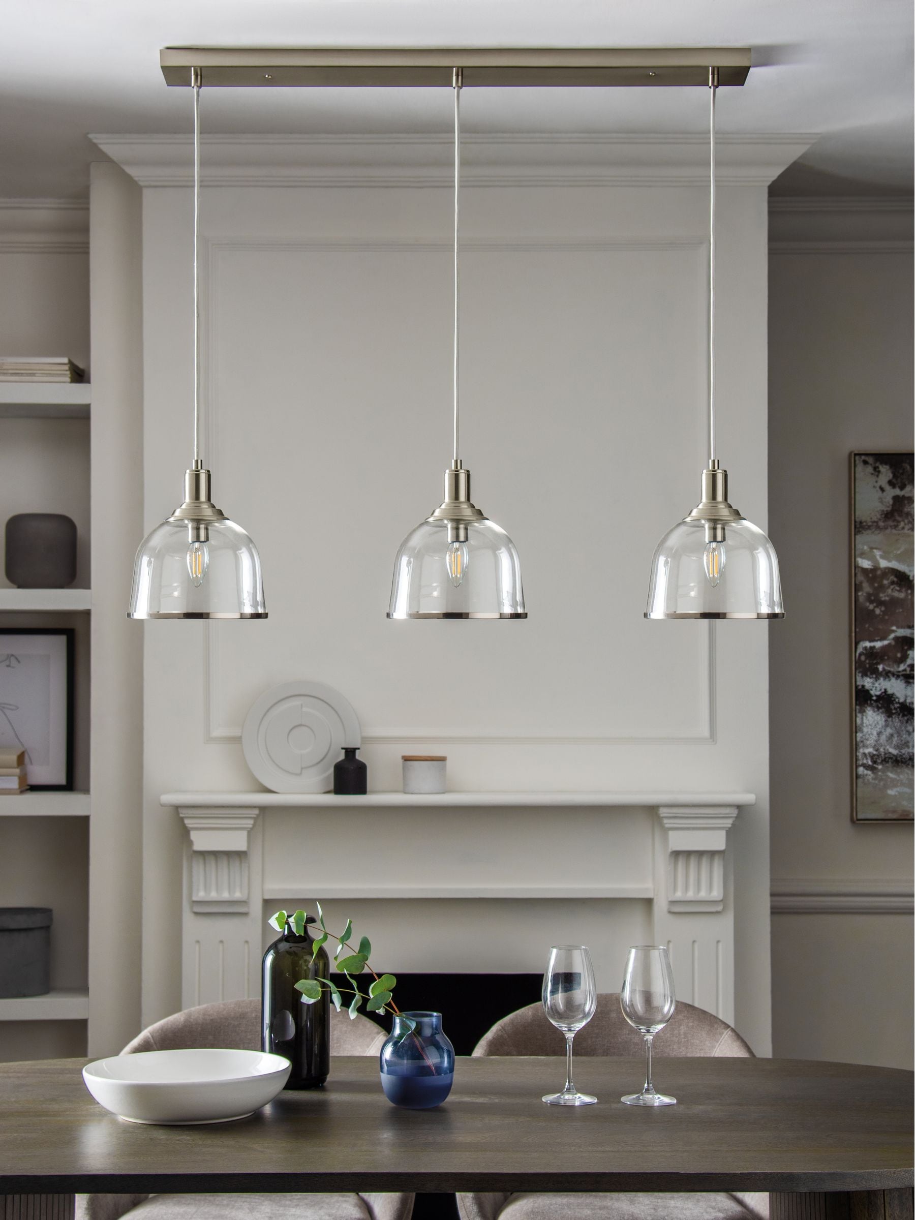 Next brushed nickel Gloucester pendant ceiling light with 3 glass shades, UK version