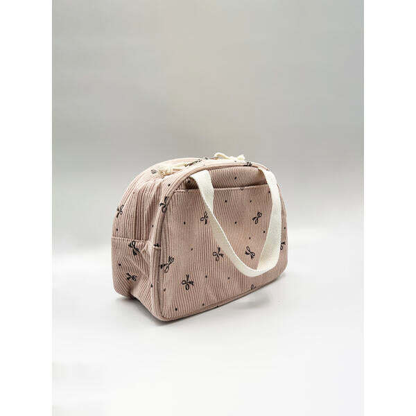 SVNX pink corduroy bow insulated lunch holdall (British brand)