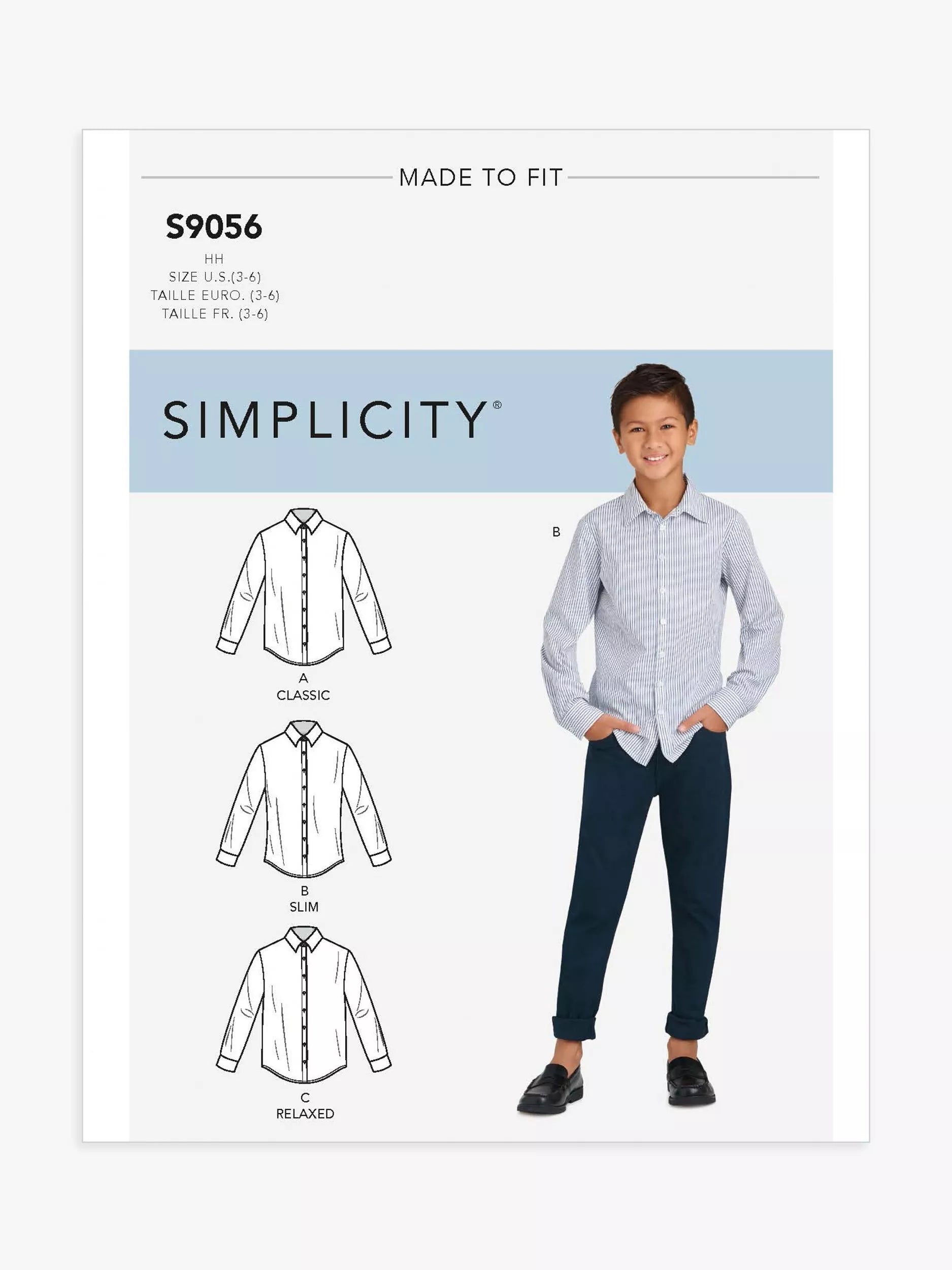 Simplicity S9056 sewing pattern for boys slim fit shirts - British product