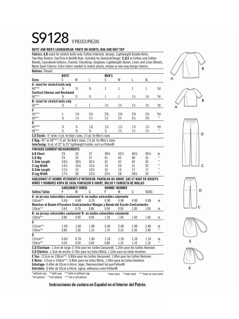 Simplicity sewing pattern for boys' and men's loungewear and bag - British product
