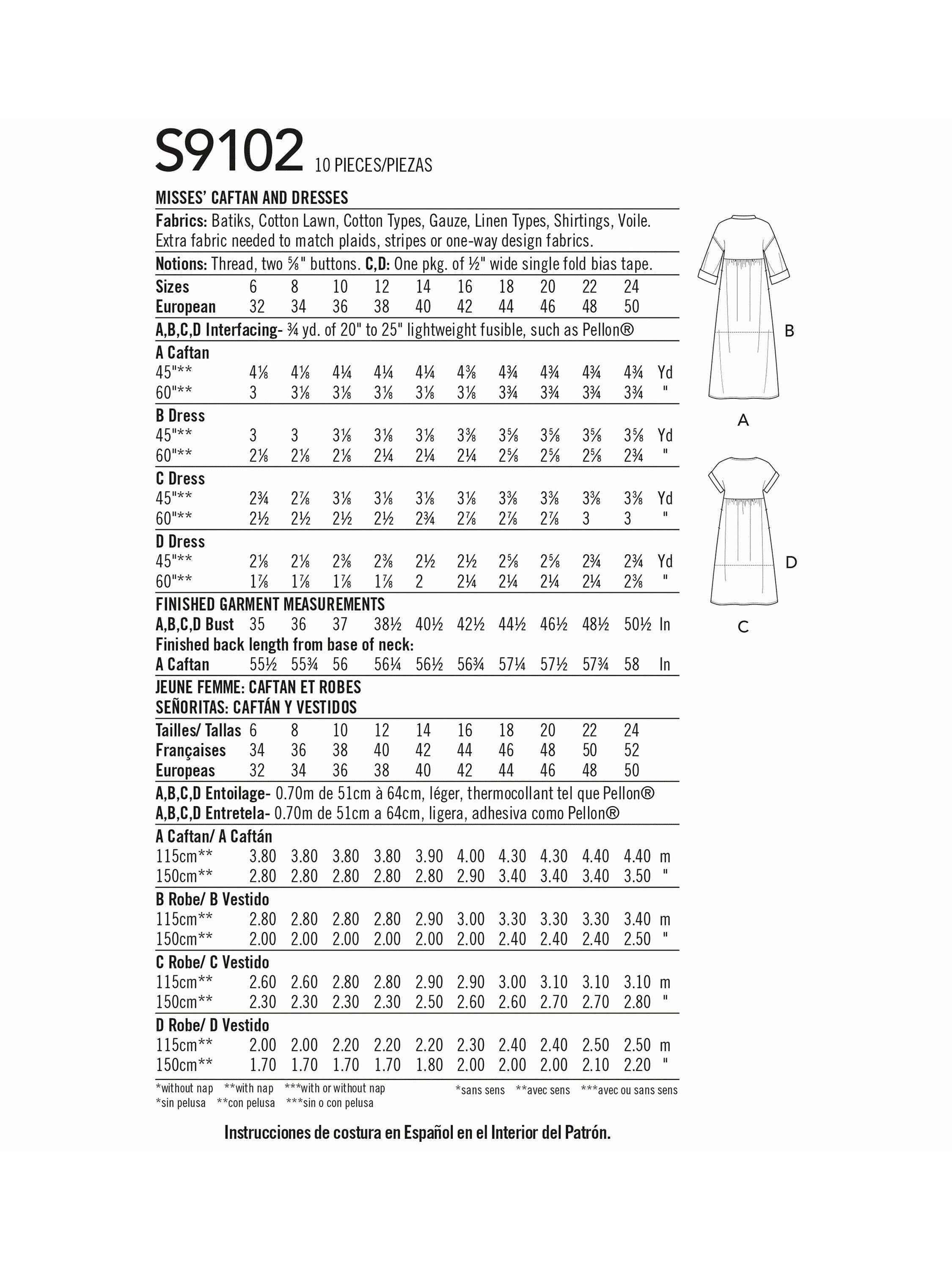 Simplicity caftan and dresses sewing pattern S9102 - British product