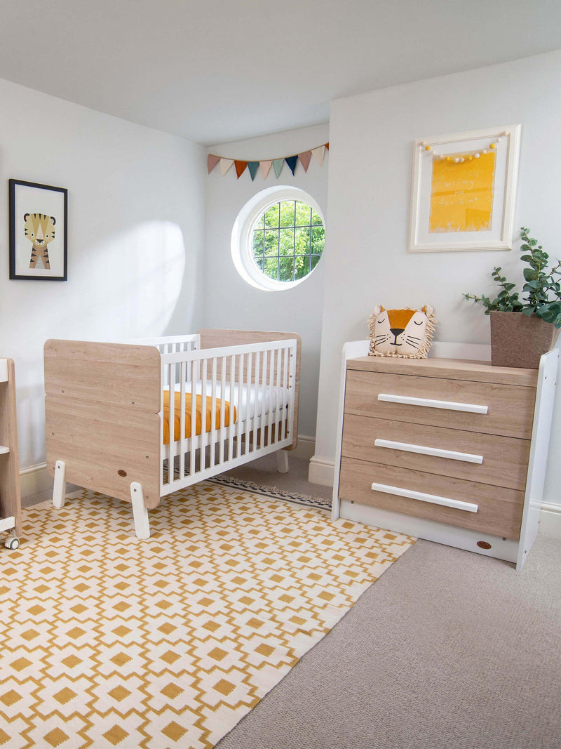 Boori white and oak cot bed set with mattress and chest - British product