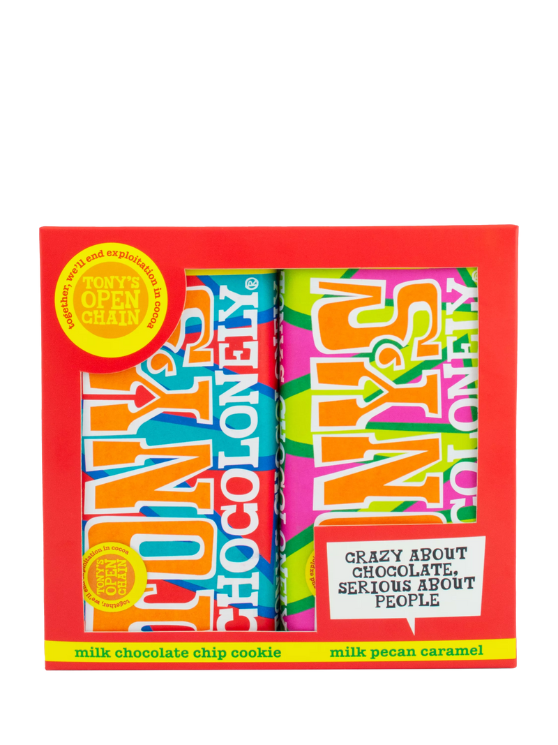 Tony's Chocolonely milk chocolate chip cookie and pecan caramel duo gift pack 350g (British brand)