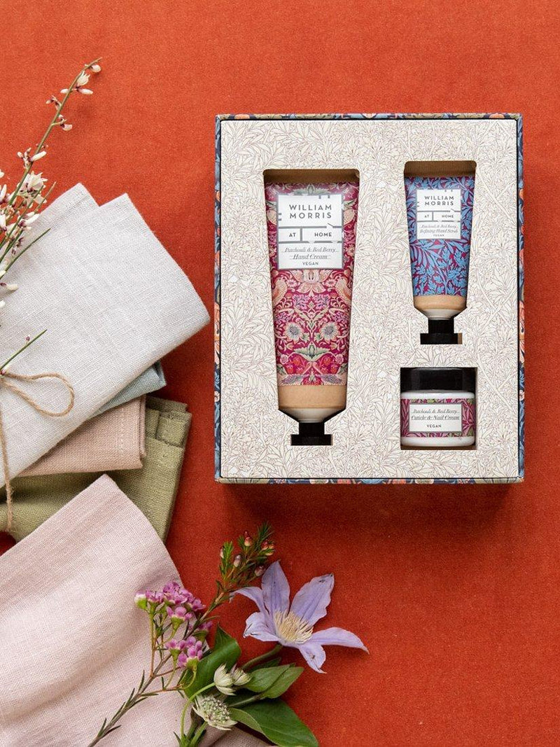 William Morris hand care set with Patchouli Red Berry scent including cream scrub cuticle cream (British brand)