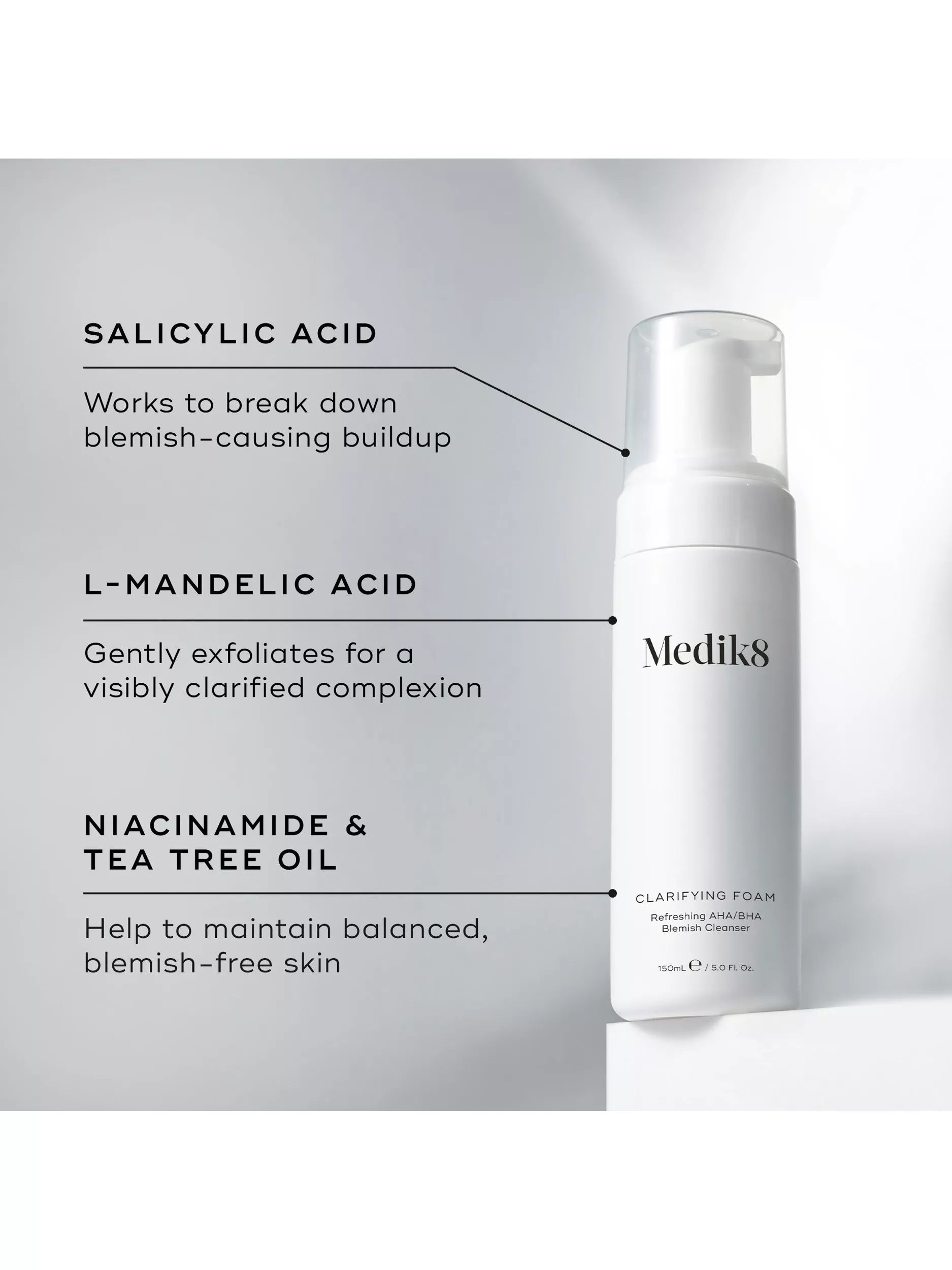 Medik8 clarifying foam AHA/BHA blemish cleanser 150ml, imported from the UK