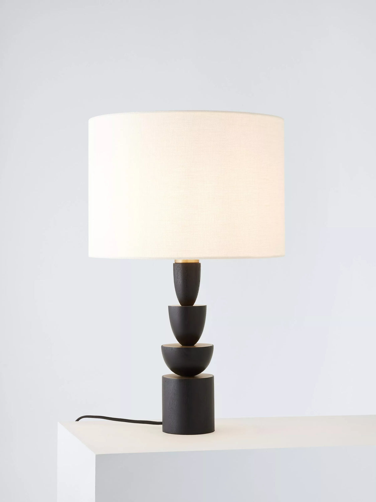 John Lewis stacked wooden table lamp with linen shade, imported from the UK