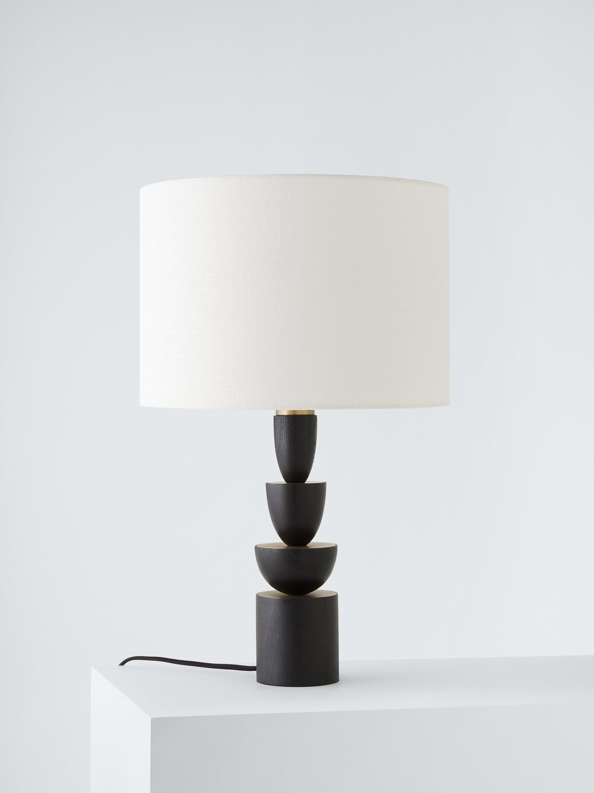 John Lewis stacked wooden table lamp with linen shade, imported from the UK