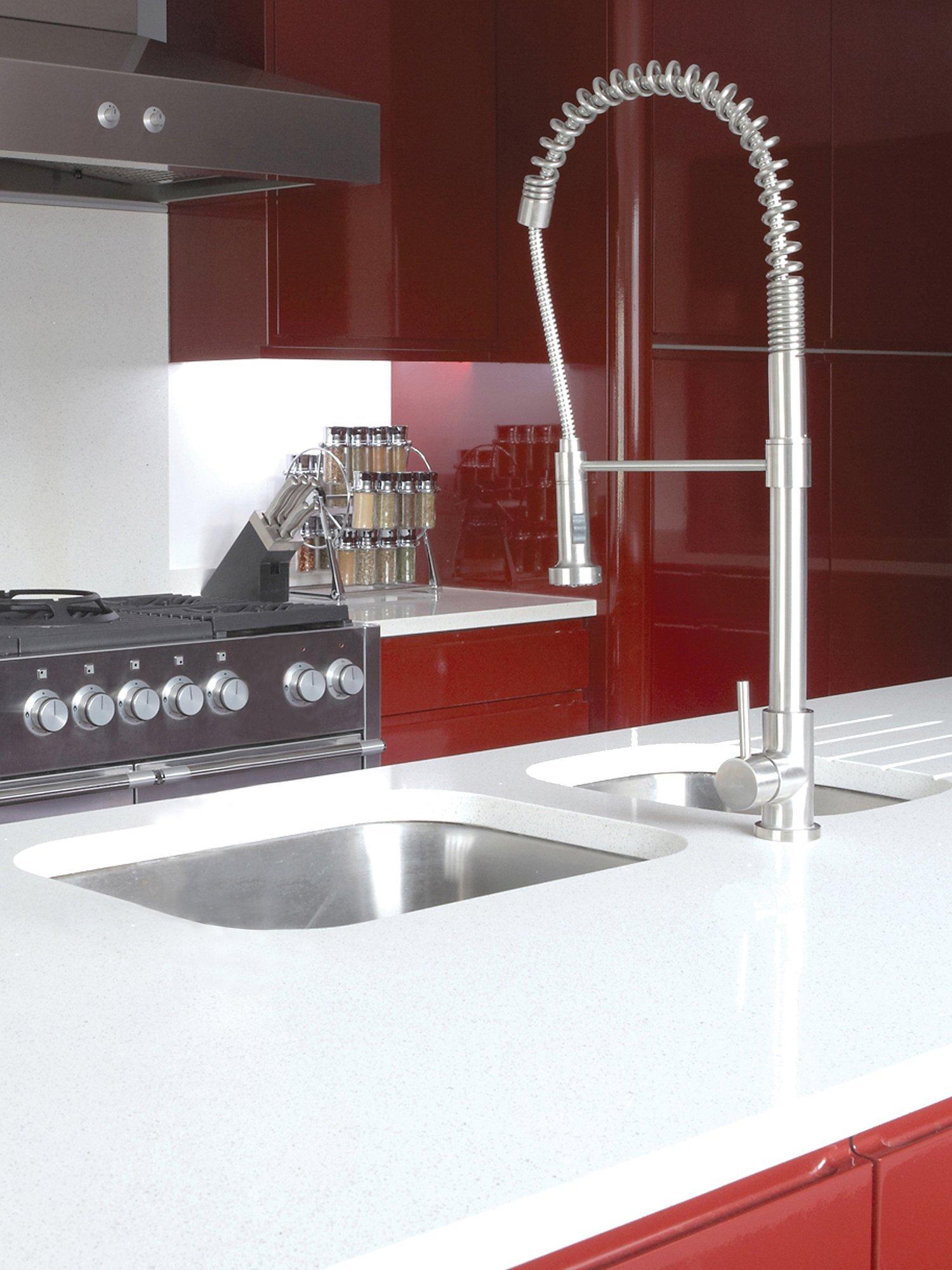 Abode stainless steel kitchen tap with single lever and pull-around head, 670mm high - British product
