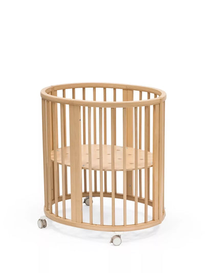 John Lewis Oval Shaped Adjustable Height Crib with Beech Wood Frame and Wheels, Natural Finish, Grows with Child- Buy online at McGrocer
