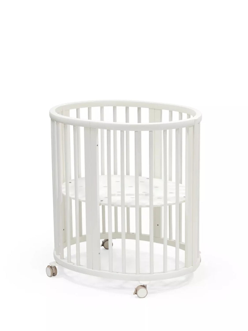 Oval Shaped Adjustable Height Crib with Beech Wood Frame and Wheels, Natural Finish, Grows with Child