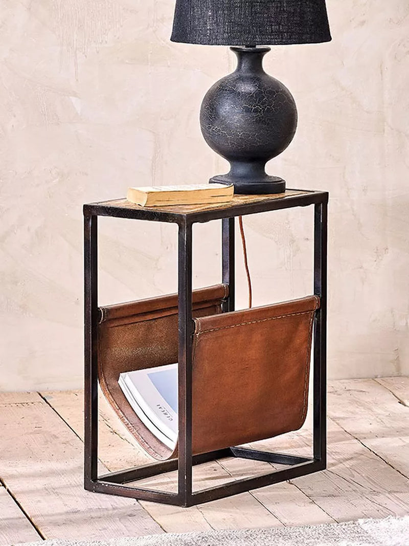 nkuku Alera mango wood and leather magazine rack side table - British product
