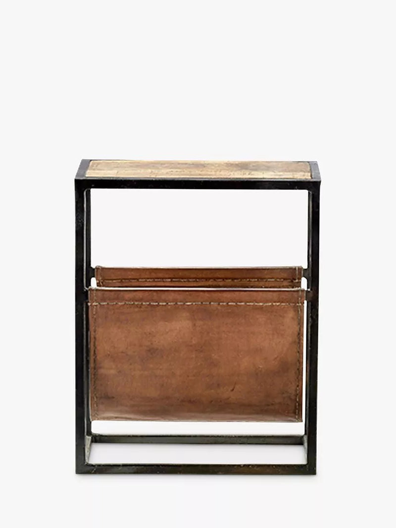 nkuku Alera mango wood and leather magazine rack side table - British product