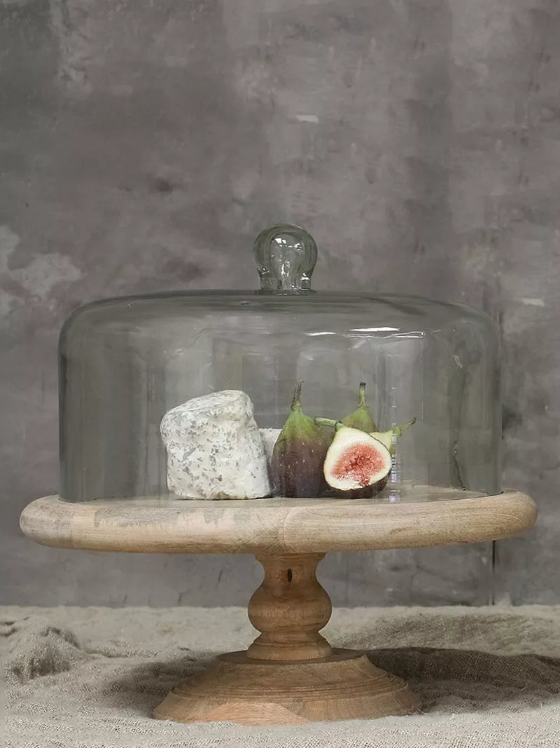 nkuku cake stand with recycled glass dome and mango wood 35.5cm, UK version
