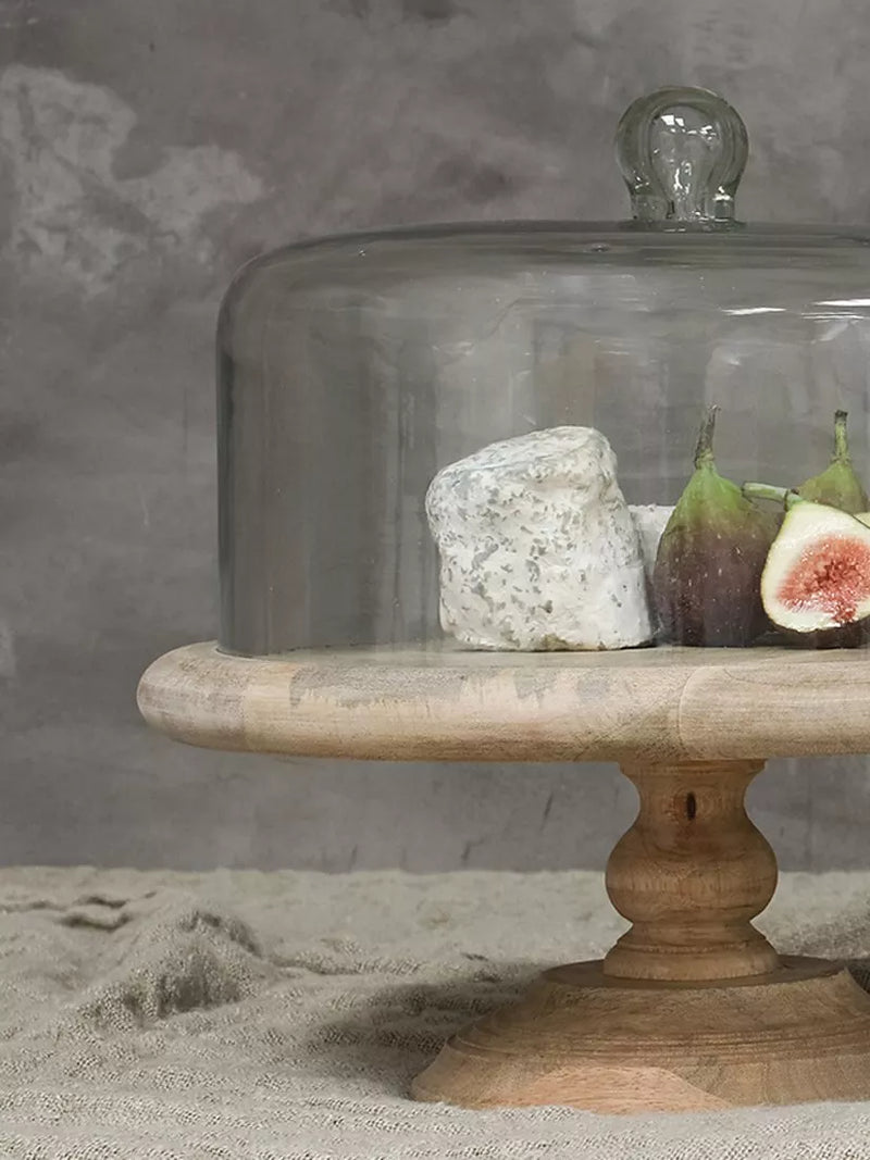 nkuku cake stand with recycled glass dome and mango wood 35.5cm, UK version